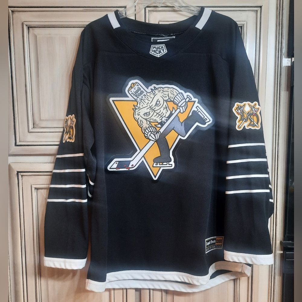 PuckHcky LIQUID DEATH Hockey Jersey- Size Medium M - Black White Yellow